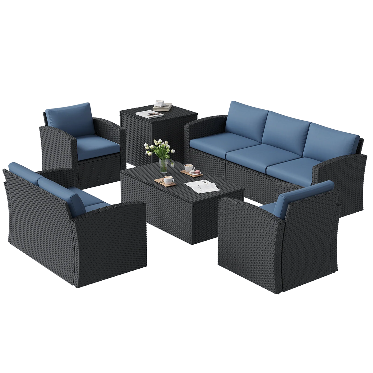 AECOJOY 7 PCS Outdoor Patio Furniture Sets with 2 Storage Boxes, Black & Dark Blue