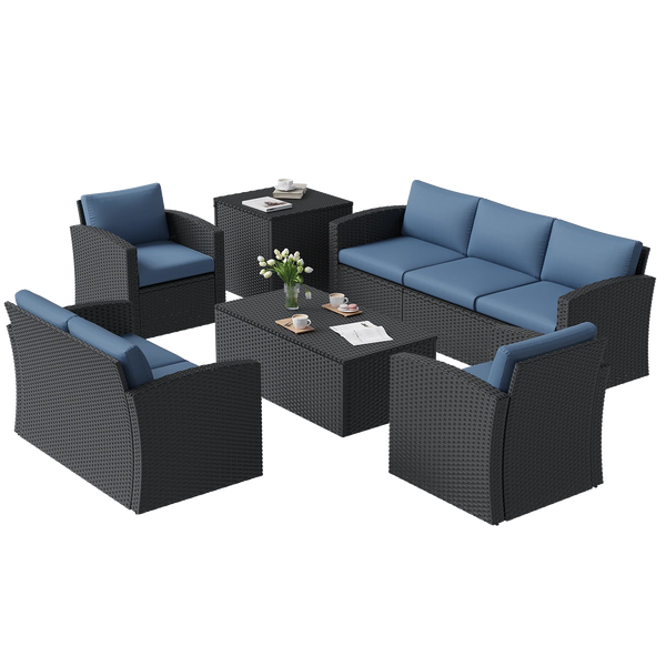 AECOJOY 7 PCS Outdoor Patio Furniture Sets with 2 Storage Boxes, Black & Dark Blue