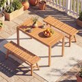 3 Pieces Acacia Wood Patio Dining Set Outdoor Rectangular Table and Benches with Slatted Seats