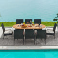 Tangkula 9 Pieces Patio Rattan Dining Set, Outdoor Oval Acacia Wood Dining Table and Wicker Armchairs Set with Umbrella Hole