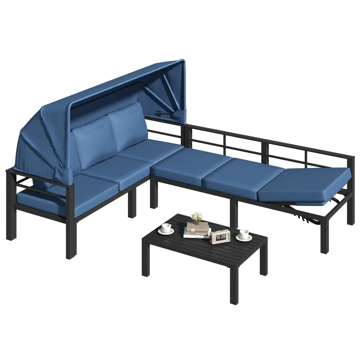 AECOJOY Patio Furniture Set with Retractable Canopy&2 Adjustable Backrests, Outdoor Conversation Set, Dark Blue