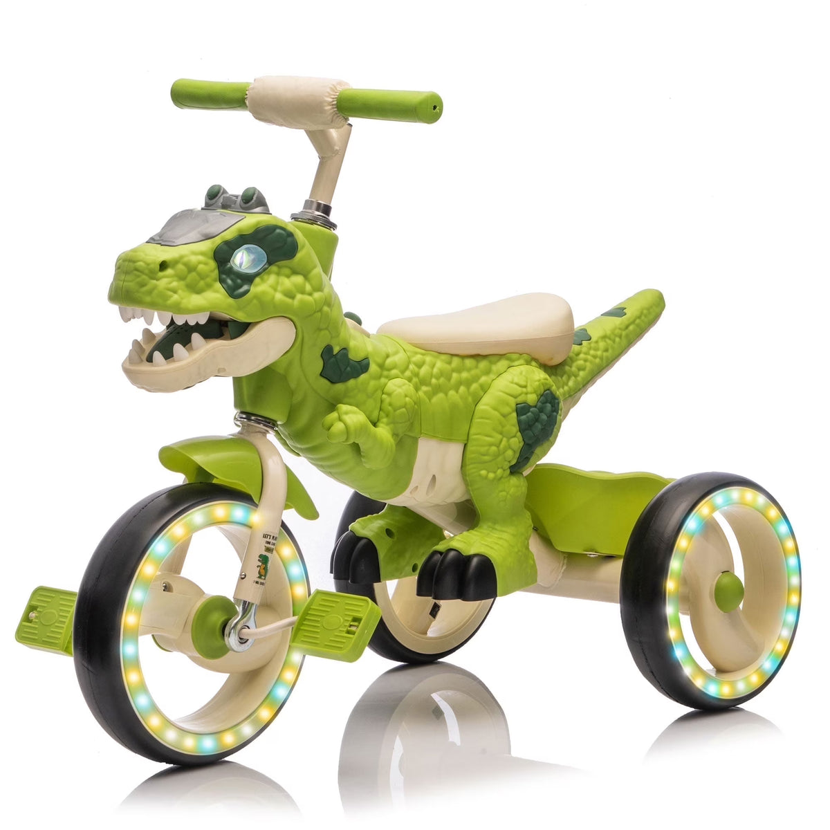 Xuanlur Kids Ride on Dinosaur Tricycle, Toddlers Kid Trike with Wide Flash Wheels, Anti - Slip Pedals, Rear Basket, Music & LED Lights, Toddler Bike