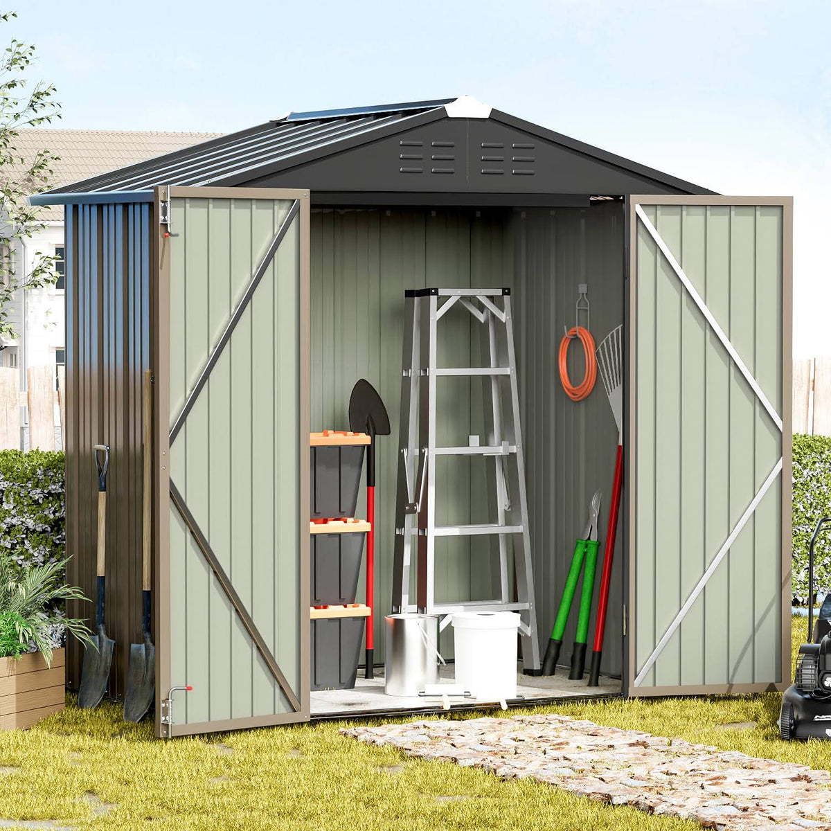 Devoko 4�G6 ft.Patio Metal Shed, Lockable Garden Shed for Outdoor Backyard Patio Storage
