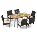 Tangkula 7 Pieces Patio Dining Set with Acacia Wood Dining Table, Rattan Armchairs, Soft Cushions