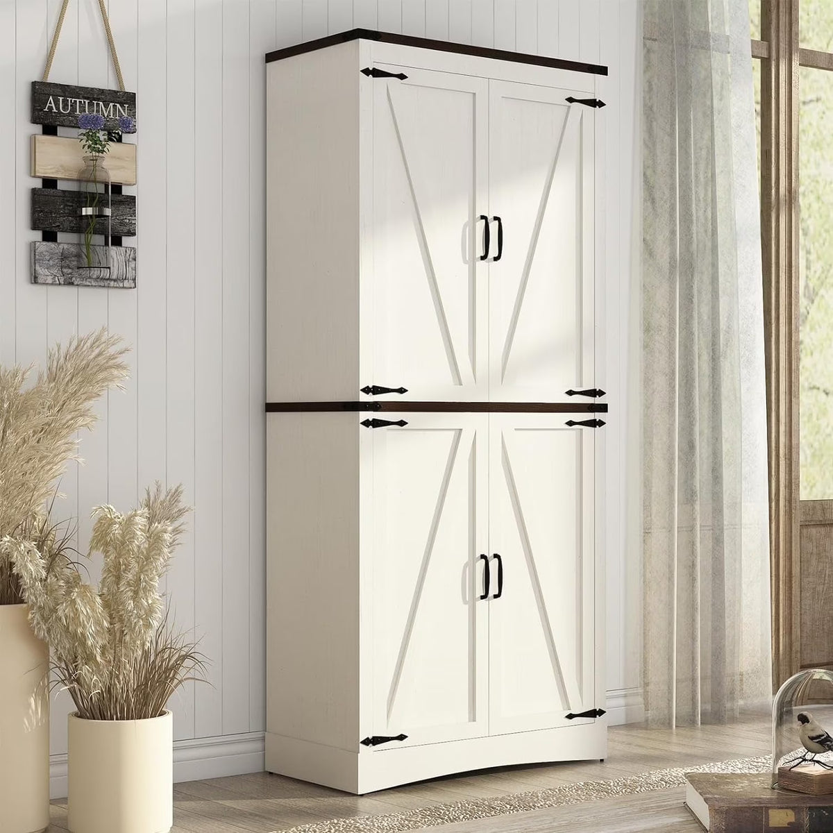 71" Tall Farmhouse Kitchen Pantry Cabinet, 5 Layers Storage Cabinet with Adjustable Shelves, Farmhouse Pantry Cabinet with 4 Barn Doors