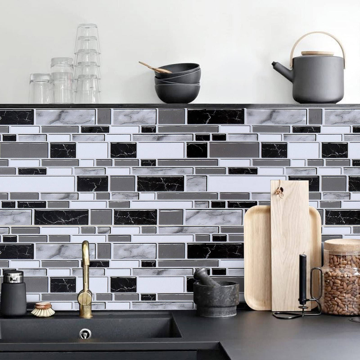 Livebor Black and White Peel and Stick Backsplash Kitchen Wallpaper 11.8inchx78.7inch Bathroom Wallpaper for Kitchen Backsplash Waterproof Contact