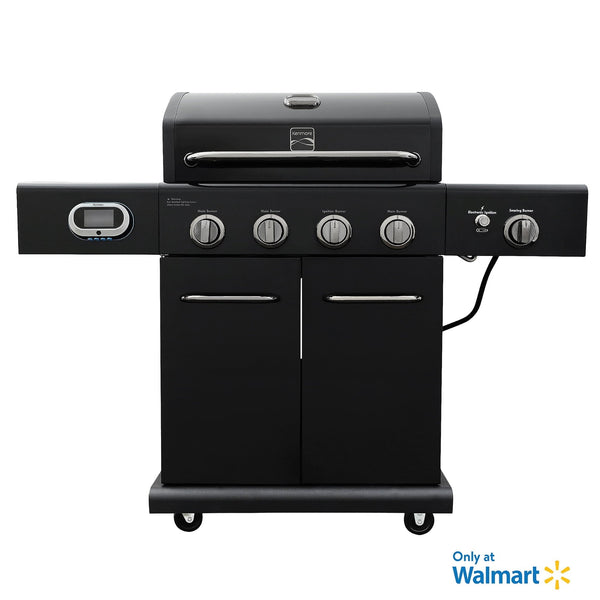 4-Burner Smart Gas Grill with Side Searing Burner. Black with Chrome Accents