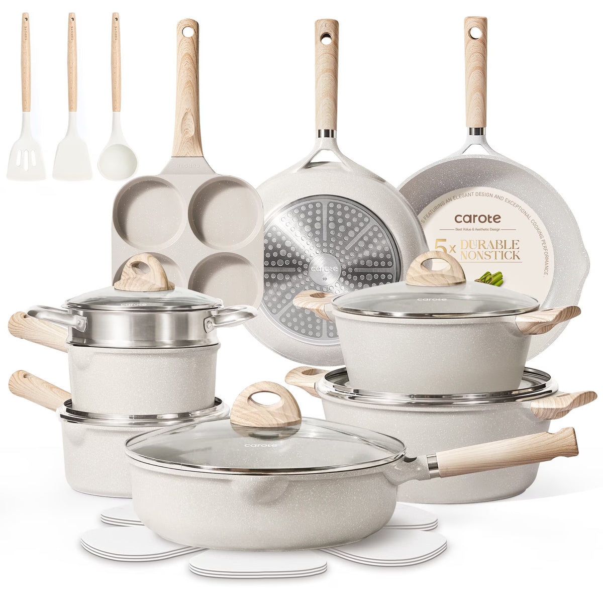 Carote Nonstick Cookware Set 21-Piece, Kitchen Pots and Pans Set, Stay - Cool Handles, Induction Compatible, Cookware Set for RV and Camping, Beige